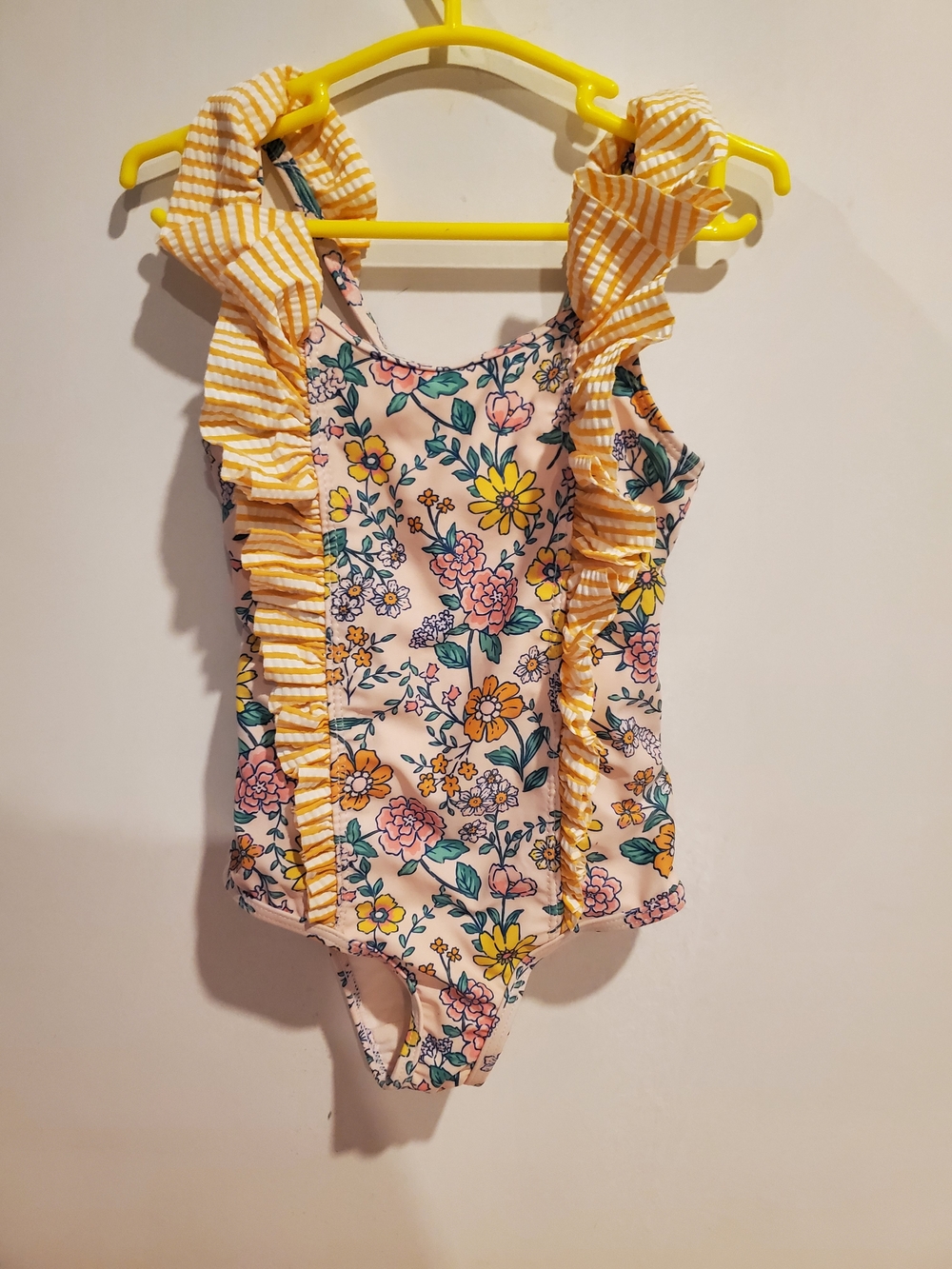 Tommy Bahama 2t Pink Floral Girls One-Piece Swimsuit with Yellow Stripe Ruffle